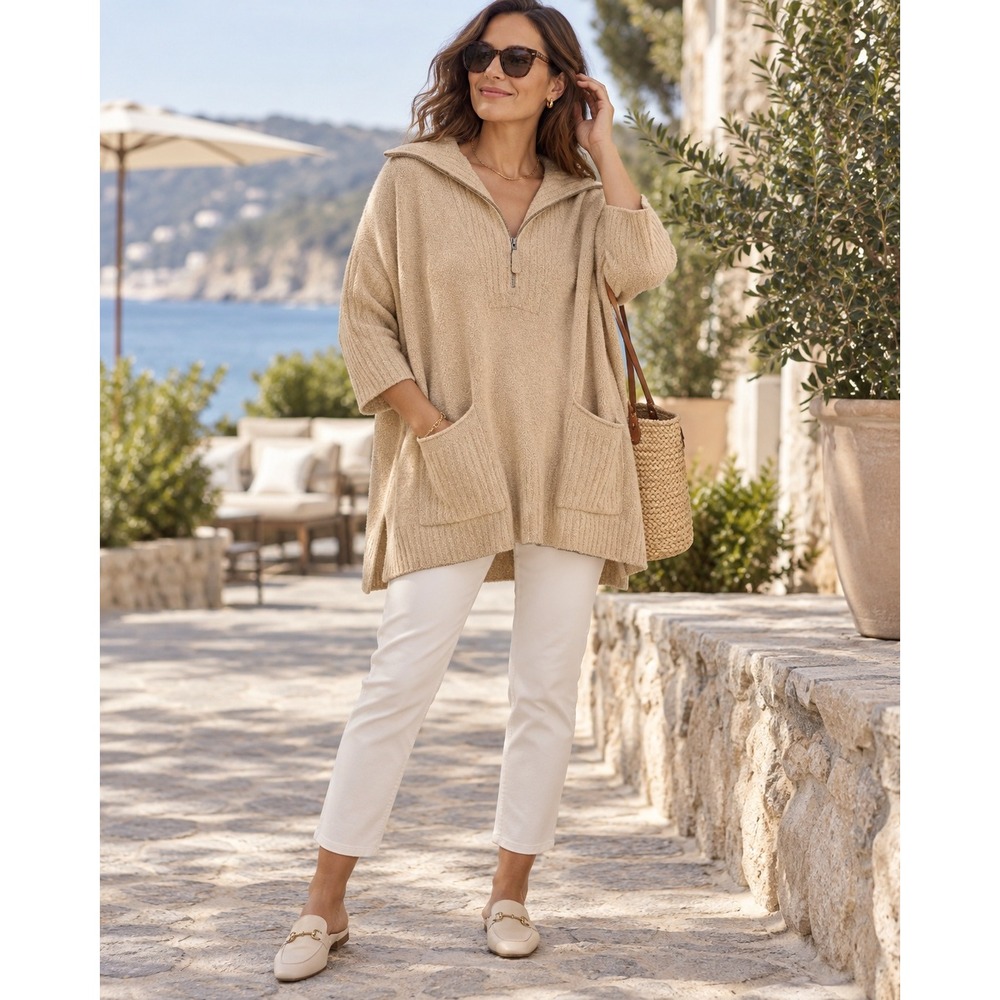 Barefoot Dreams CozyChic Lite Half Zip Rolled Edge Tunic Soft Camel 1X NWT